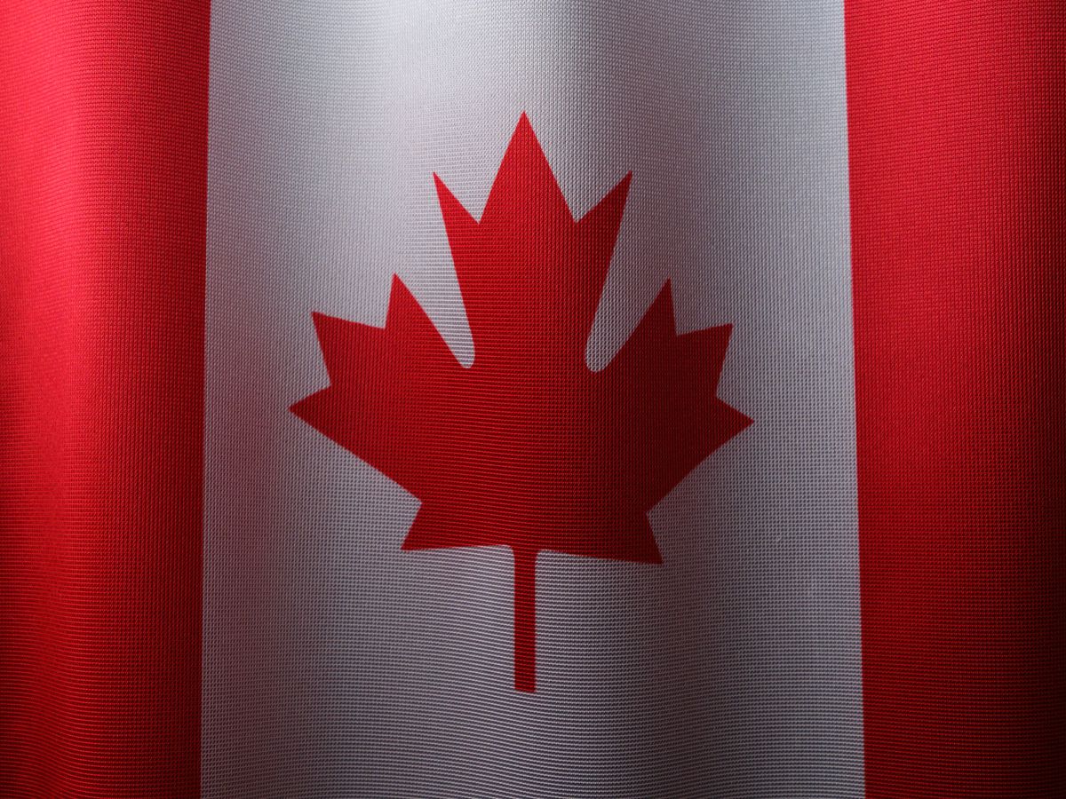Close-up of the Canadian flag with its red maple leaf