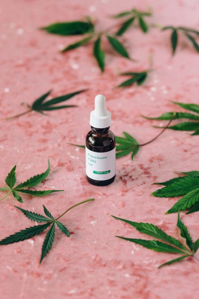 CBD oil dropper bottle surrounded by hemp leaves