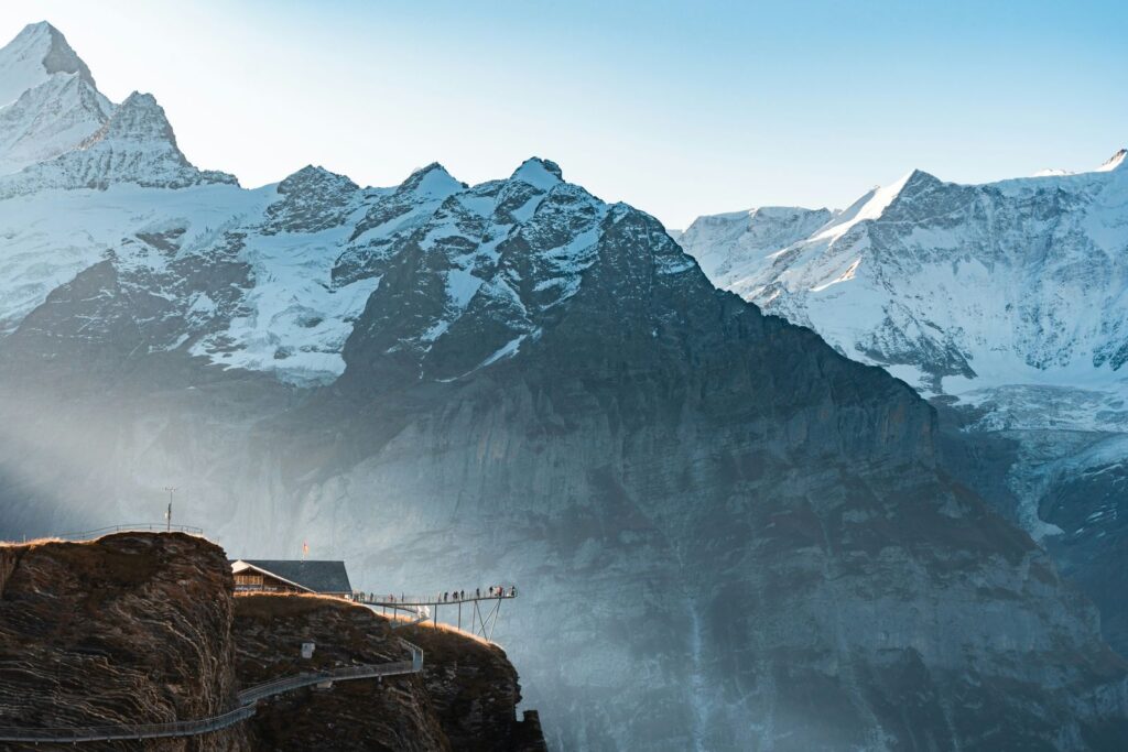 Snow covered Swiss Alps mountain range in Switzerland