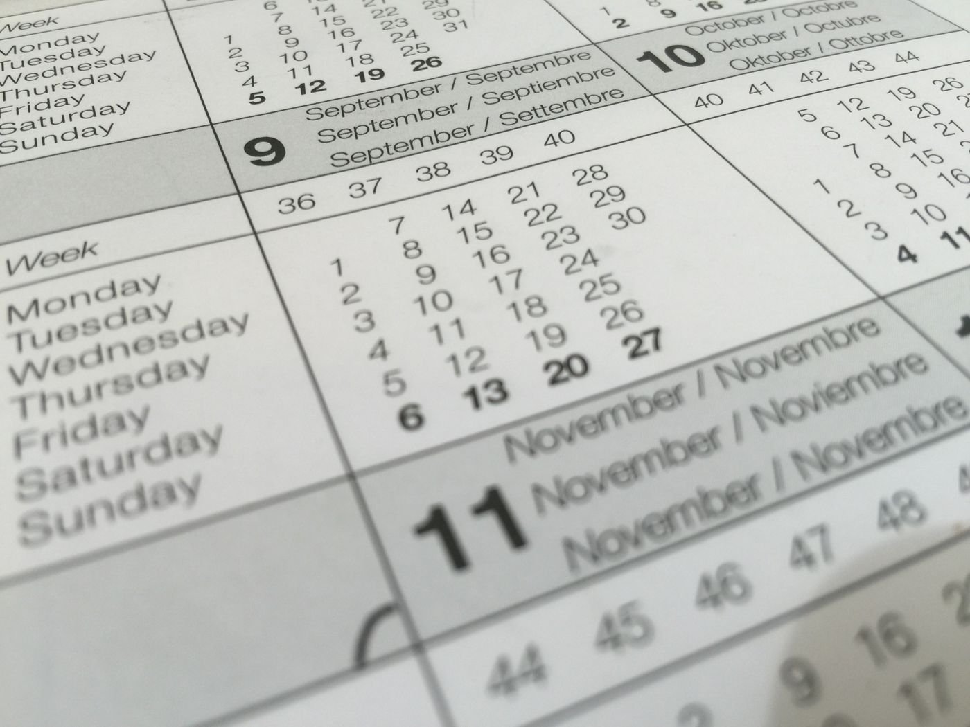 Printed calendar pages for September to November, a reminder of the December 11 full-spectrum CBD deadline