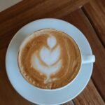 Cup of latte with foam art on a wooden table, for readers mixing CBD and caffeine