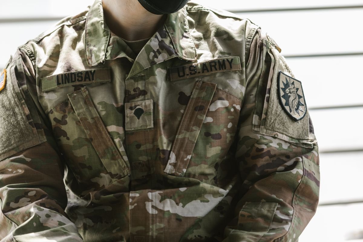 Detailed view of a soldier camouflage uniform with insignia and name tag